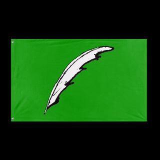 A mockup of the custom flag 'Flag of The Shire' held up on a table during print checking