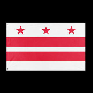 A mockup of the custom flag 'Flag of Washington, D.C.' held up on a table during print checking