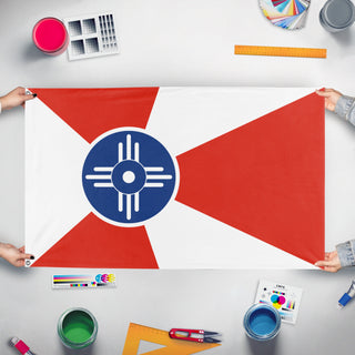 A mockup of the custom flag 'Flag of Wichita, Kansas' held up on a table during print checking