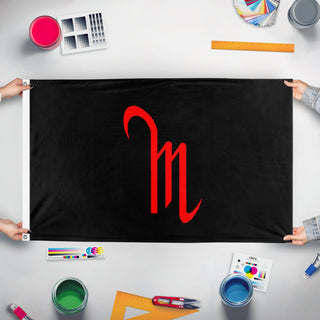 A mockup of the custom flag 'Flag of the M People' held up on a table during print checking