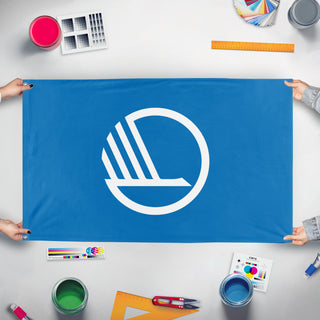 A mockup of the custom flag 'Flag of the Nordic Council' held up on a table during print checking