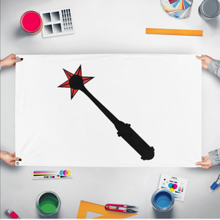 A mockup of the custom flag 'Flag of the old coat of arms of Colmar flag' held up on a table during print checking