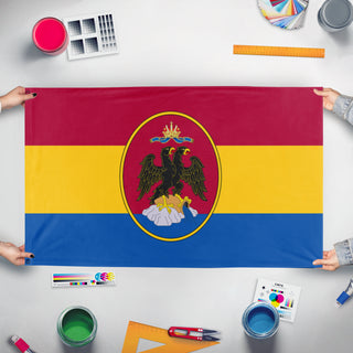 A mockup of the custom flag 'Free State of Fiume flag' held up on a table during print checking