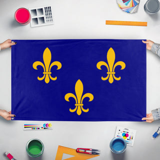 A mockup of the custom flag 'French Royal Flag' held up on a table during print checking