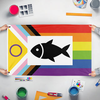 A mockup of the custom flag 'GAY FISH flag' held up on a table during print checking