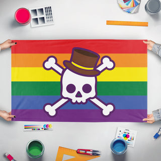 A mockup of the custom flag 'Gen Z Pride Flag' held up on a table during print checking