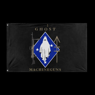 A mockup of the custom flag 'Ghost Rifle Flag' held up on a table during print checking