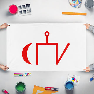 A mockup of the custom flag 'Golden Horde flag' held up on a table during print checking