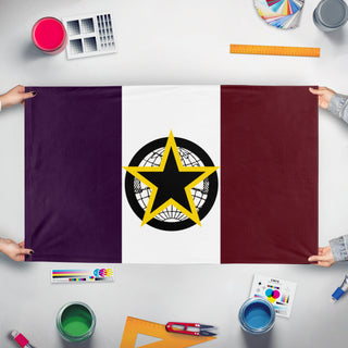 A mockup of the custom flag 'Gothterre flag' held up on a table during print checking