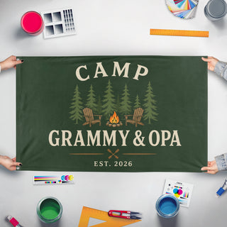 A mockup of the custom flag 'Grandparents Outdoors Flag' held up on a table during print checking
