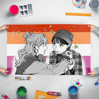 A mockup of the custom flag 'Green Yuri Lesbian flag' held up on a table during print checking