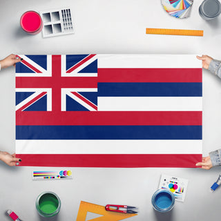 A mockup of the custom flag 'Hawaii State Flag' held up on a table during print checking