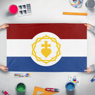 A mockup of the custom flag 'Heilige Hart flag' held up on a table during print checking