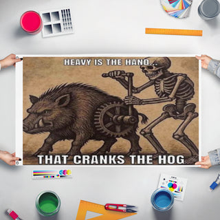 A mockup of the custom flag 'Hog flag' held up on a table during print checking