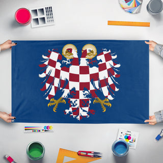 A mockup of the custom flag 'Holy Moravian Empire no emblems flag' held up on a table during print checking