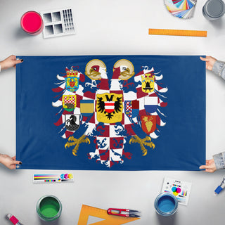 A mockup of the custom flag 'Holy Moravian Flag' held up on a table during print checking