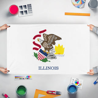 A mockup of the custom flag 'Illinois State Flag' held up on a table during print checking