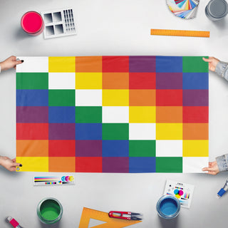 A mockup of the custom flag 'Indigenous People of South America Flag' held up on a table during print checking