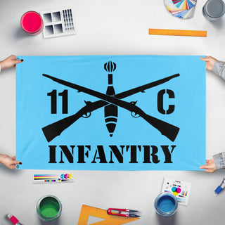 A mockup of the custom flag 'Infantry Army Unit flag' held up on a table during print checking