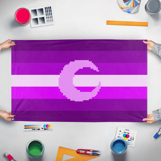 A mockup of the custom flag 'Insomnia Pride Flag' held up on a table during print checking