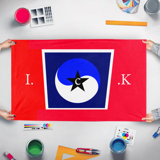 A mockup of the custom flag 'Interesting caoollea Korea flag' held up on a table during print checking