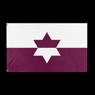 A mockup of the custom flag 'Jewish American Heritage Flag' held up on a table during print checking