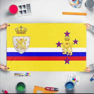 A mockup of the custom flag 'Judah Knight  flag' held up on a table during print checking