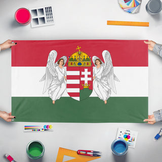 A mockup of the custom flag 'Kingdom Of Hungary Flag' held up on a table during print checking