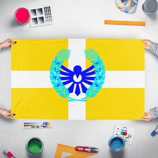 A mockup of the custom flag 'Kingdom of Heaven  flag' held up on a table during print checking
