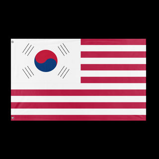 A mockup of the custom flag 'Korean American Heritage Flag' held up on a table during print checking