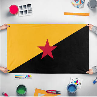 A mockup of the custom flag 'Left-Rothbardian flag' held up on a table during print checking