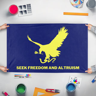 A mockup of the custom flag 'Liberalist Flag' held up on a table during print checking