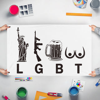 A mockup of the custom flag 'Liberty, Guns, Beer, Tits Flag' held up on a table during print checking