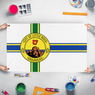 A mockup of the custom flag 'Little Rock City Flag' held up on a table during print checking