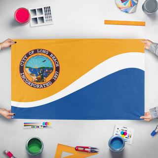 A mockup of the custom flag 'Long Beach City Flag' held up on a table during print checking