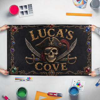 A mockup of the custom flag 'Luca's Cove flag' held up on a table during print checking