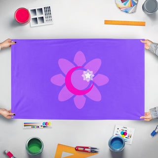 A mockup of the custom flag 'Malia flag' held up on a table during print checking