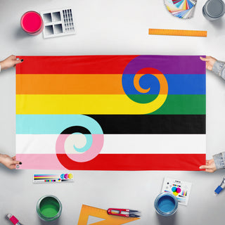 A mockup of the custom flag 'Maori Pride flag' held up on a table during print checking