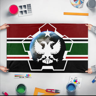 A mockup of the custom flag 'Martian Federation flag' held up on a table during print checking