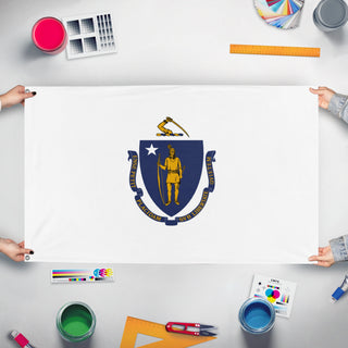 A mockup of the custom flag 'Massachusetts State Flag' held up on a table during print checking