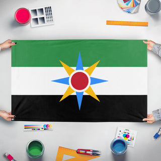 A mockup of the custom flag 'Mesopotamia Flag' held up on a table during print checking