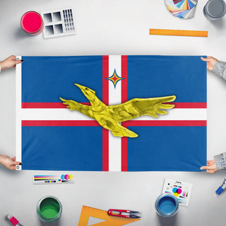 A mockup of the custom flag 'Micronation de Cliponie flag' held up on a table during print checking