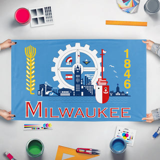 A mockup of the custom flag 'Milwaukee Flag' held up on a table during print checking