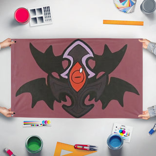 A mockup of the custom flag 'Monster Girl flag' held up on a table during print checking