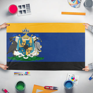 A mockup of the custom flag 'Most Serene Principality of Southern Zenia flag' held up on a table during print checking