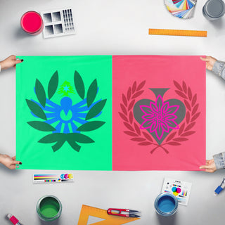 A mockup of the custom flag 'Mother & Son flag' held up on a table during print checking