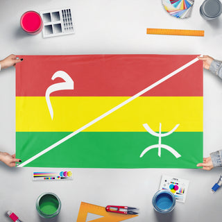 A mockup of the custom flag 'NAfrica flag' held up on a table during print checking