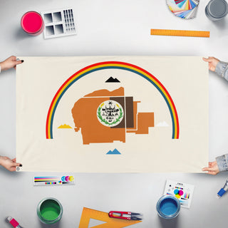 A mockup of the custom flag 'Najavo Nation Flag' held up on a table during print checking