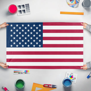 A mockup of the custom flag 'Native American Flag' held up on a table during print checking