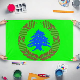 A mockup of the custom flag 'Nature flag' held up on a table during print checking